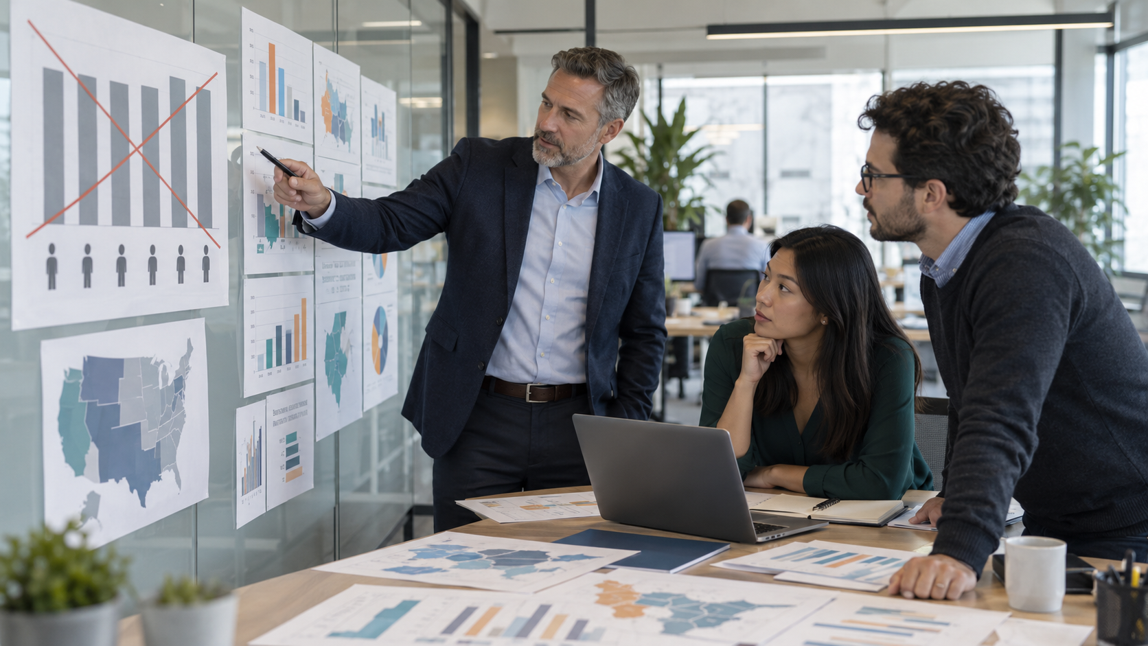 Sales team reviewing territory data and charts to set evidence-based sales quotas