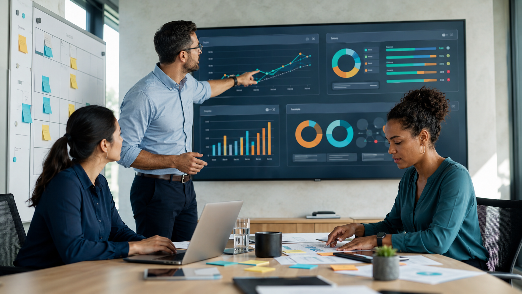 Sales team analysing data and revenue forecasts for proactive sales management