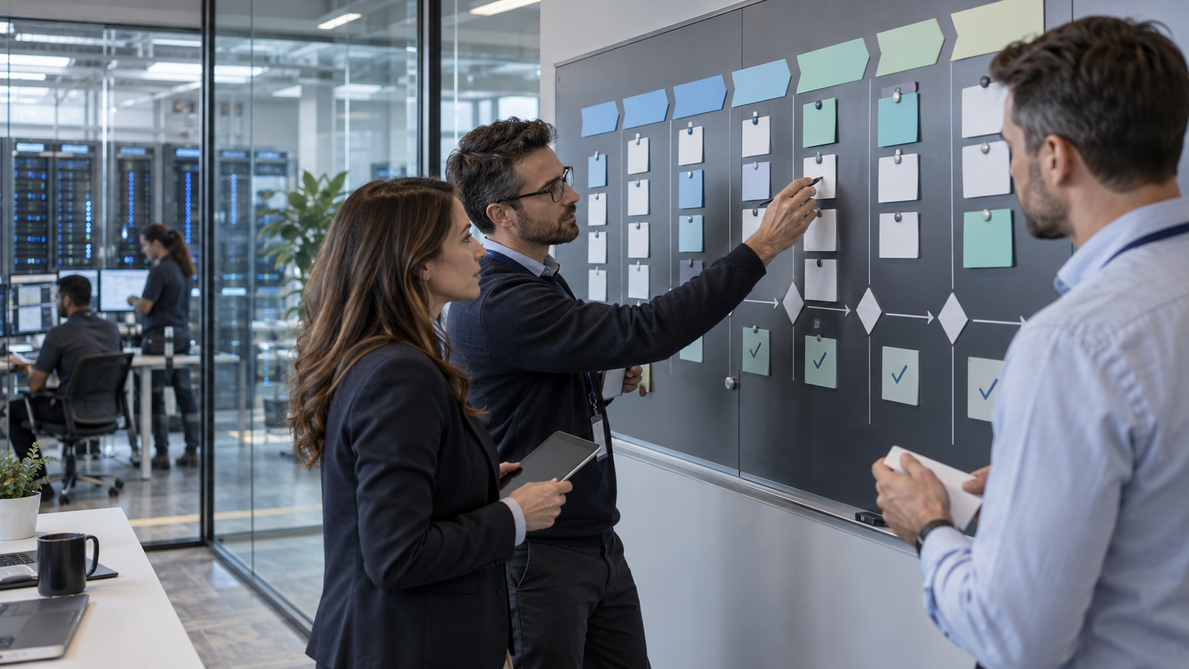 IT sales team mapping opportunities and decision stages on a pipeline board