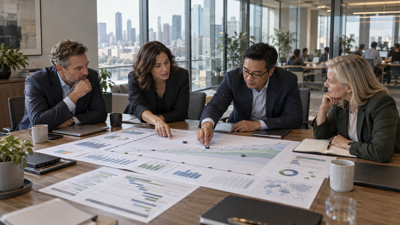 Leadership team reviewing an annual revenue plan and scenarios using charts at a conference table