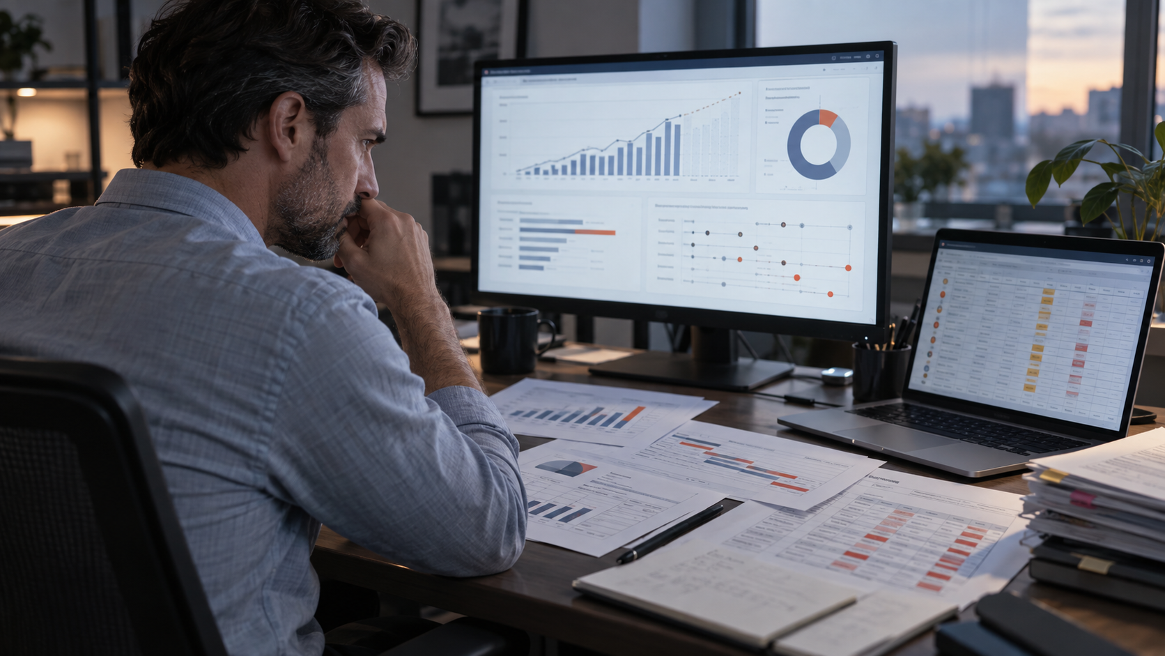 Sales leader reviewing sales forecast dashboards and printed revenue charts at a desk